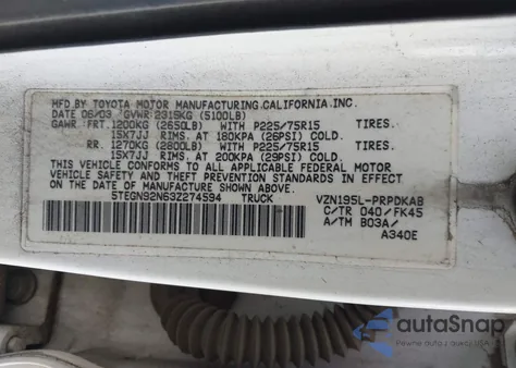 2003 Toyota Tacoma Prerunner V6 z USA, uszkodzony, nr VIN 5TEGN92N63Z274594